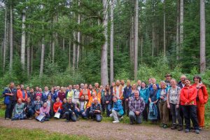 A group of around 50 people in a forest. There is an understorey with birch and western hemlock and a high canopy of well-spaced conifers. 